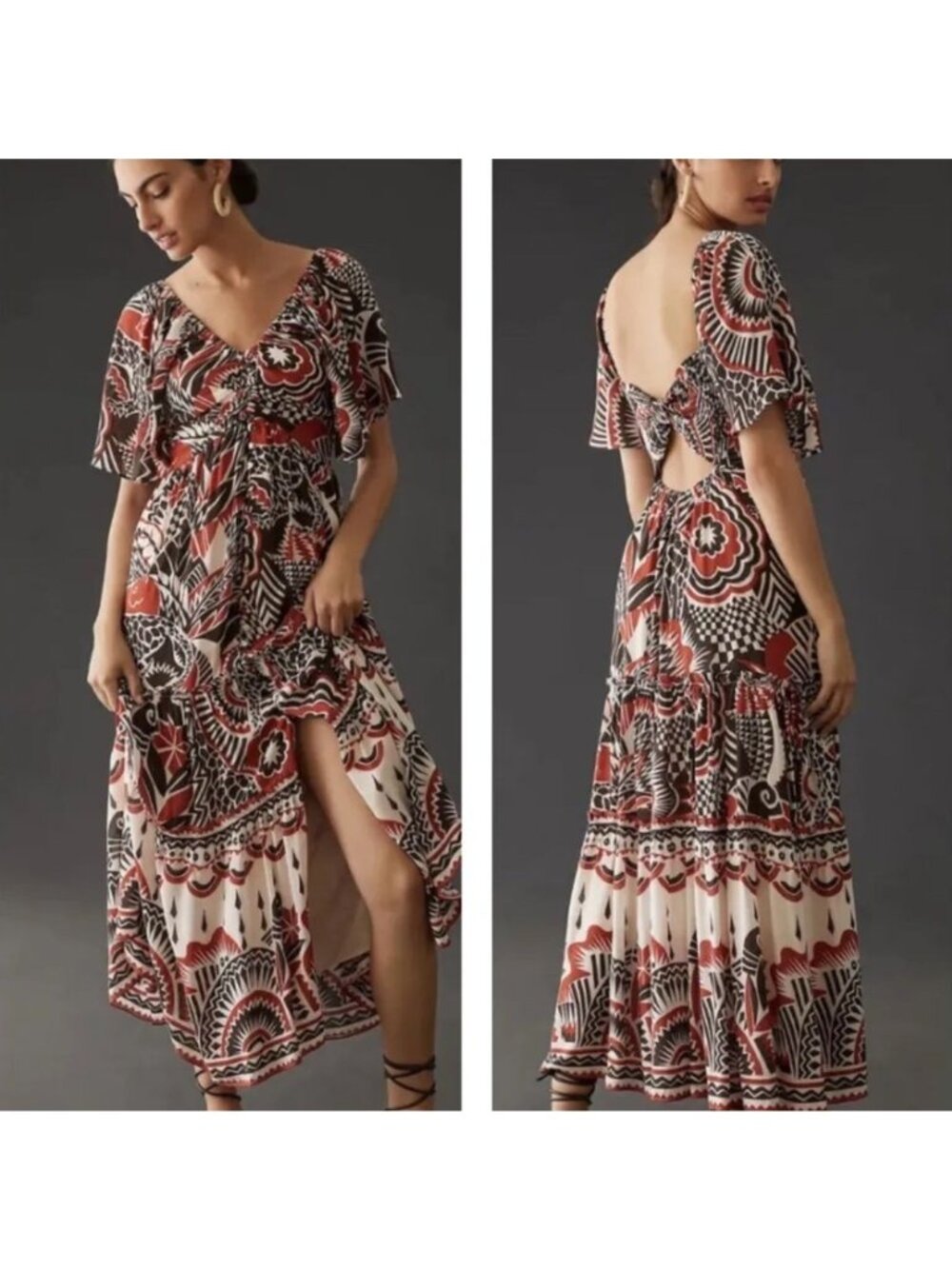 By Anthropologie Tiered Maxi Dress V Neck Flutter Sleeve Boho Print XL